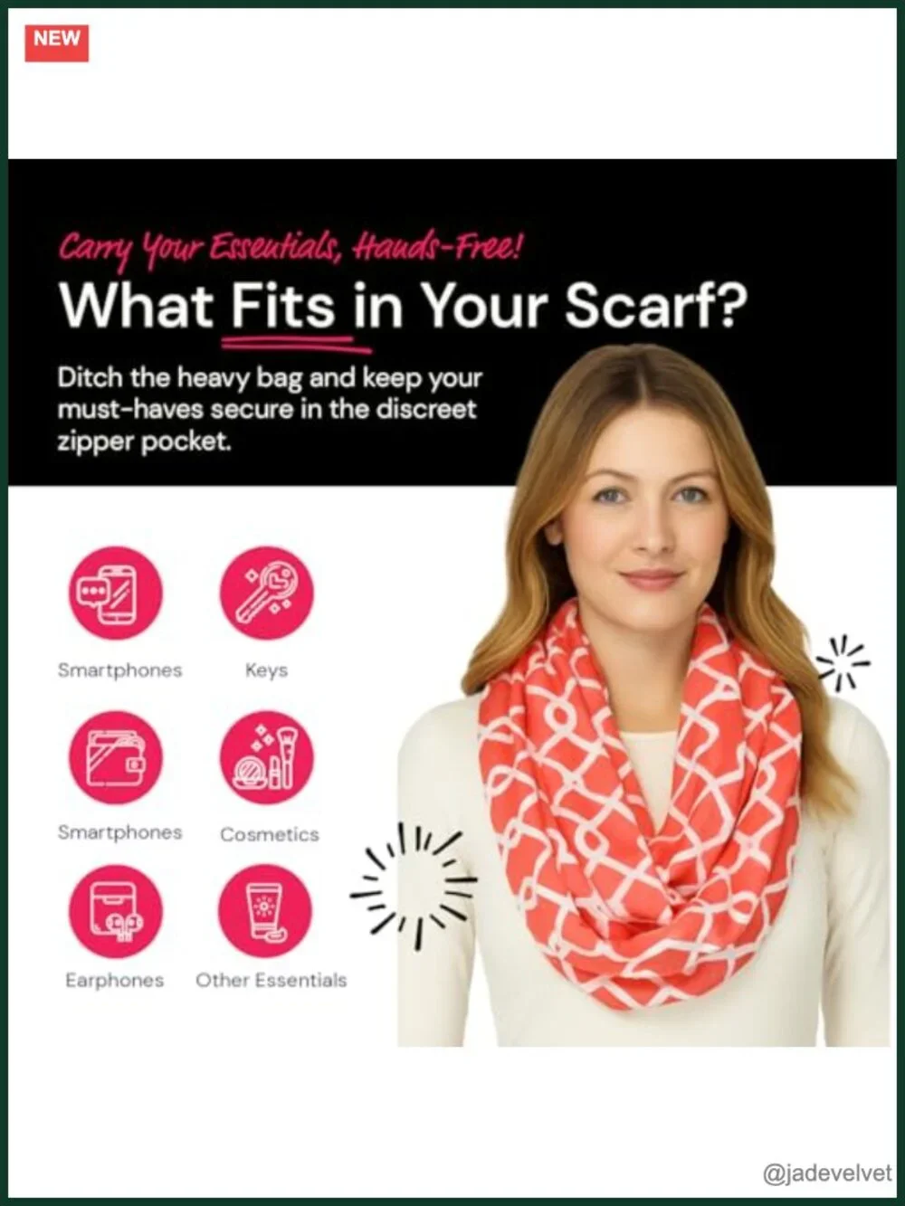 Infinity Scarf with Hidden Zipper Pocket, Chain Link Pattern, Polyester